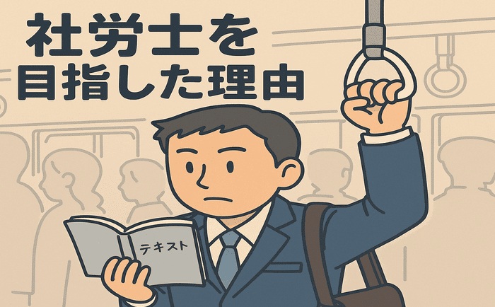 通勤電車で社労士のテキストを読む男性のイラスト。努力を象徴するシーン。