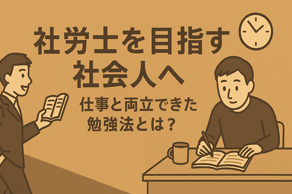 社会人が机で勉強する姿とスーツ姿の社会人がテキストを読んでいるイラスト
