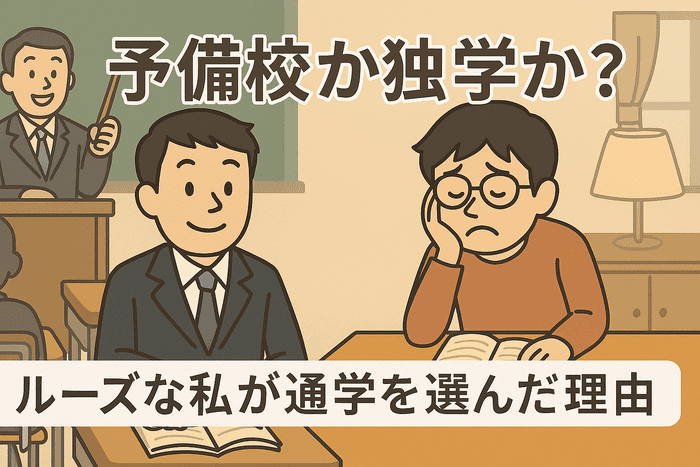 予備校で講義を受けるスーツ姿の男性と、自宅で一人勉強する男性を左右に描いた比較イラスト。