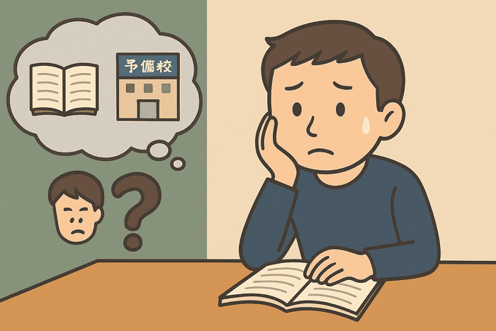 スーツ姿の男性が、予備校・通信・独学のどれにするか悩んでいるイラスト