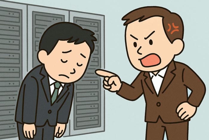 サーバーの前で頭を下げるカスタマーエンジニアと、それを厳しい表情で怒鳴っているお客様のシステム担当者。