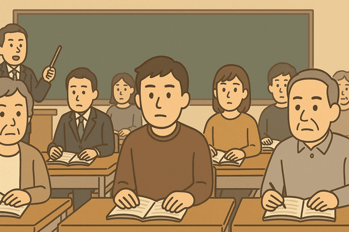 予備校の教室で、さまざまな年齢層の男女が真剣な表情で講義を受けている様子