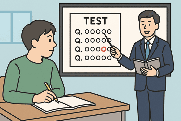 教室で学生がノートに書き込みながら、講師がテスト問題の選択肢をホワイトボードで解説している様子のイラスト。