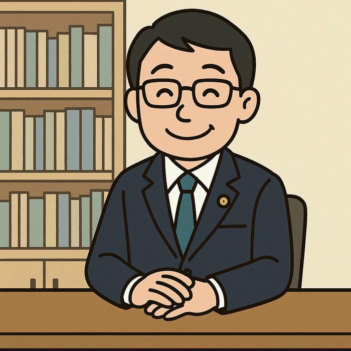 社労士が、事務所の机であいさつしているイラスト