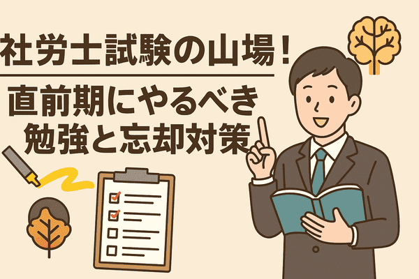 スーツ姿の男性がテキスト持って立っている。木や傾向お延のイラストがあり、、「社労士試験の山場！直前期にやるべき勉強と忘却対策」の文字が中央に配置されている。
