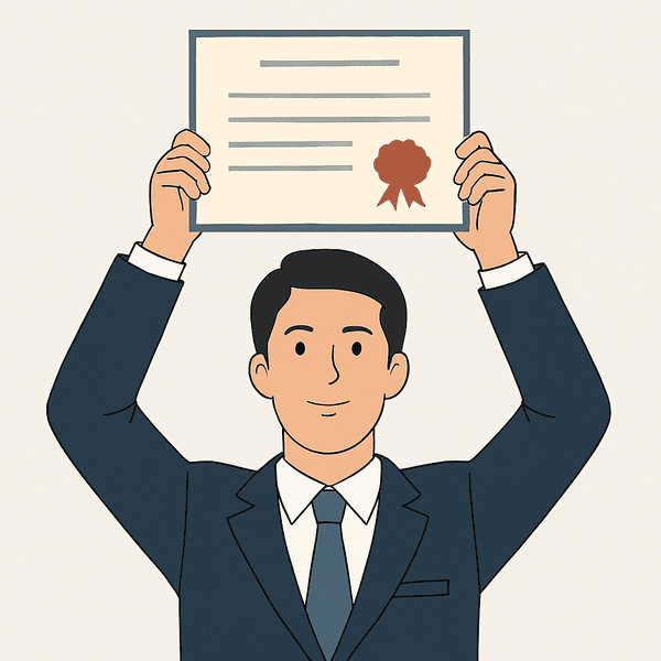 スーツ姿の男性が両手で合格証書を高く掲げているイラスト。達成感と誇りを感じさせる表情で、社労士試験合格を象徴する場面