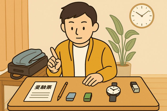 受験前の準備をする男性が、自宅の机の前で指差し確認をしている。机の上には受験票、鉛筆、消しゴム2個、アナログ時計が整然と並び、横にはカバンとたたんだ上着が置かれている。