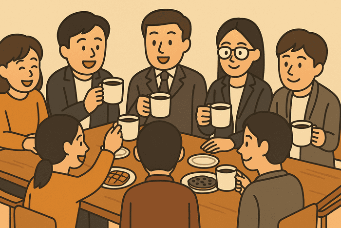 社労士予備校の受講生たちがテーブルを囲んでいる様子。スーツ姿や私服の男女が笑顔で談笑する交流会のイラスト。
