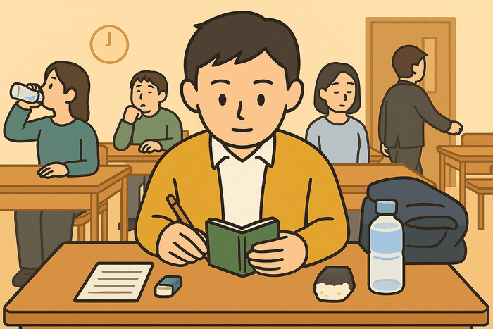 試験教室の休憩時間、前方の机に座る男性が暗記用の小さな手帳を真剣な表情で見ている。机の上にはペットボトル、消しゴム、受験票、鉛筆が置かれている。後方の他の受験生たちは、水を飲む人、ぼーっとする人、トイレに立つ人など、それぞれが思い思いに過ごしている。