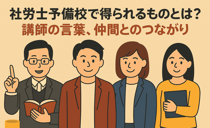 講師と思われる男性と、3人の受講生が並んで立ち、明るい表情を浮かべているフラットイラスト。中央に「社労士予備校で得られるものとは？講師の言葉、仲間とのつながり」というタイトル文字が配置されている。