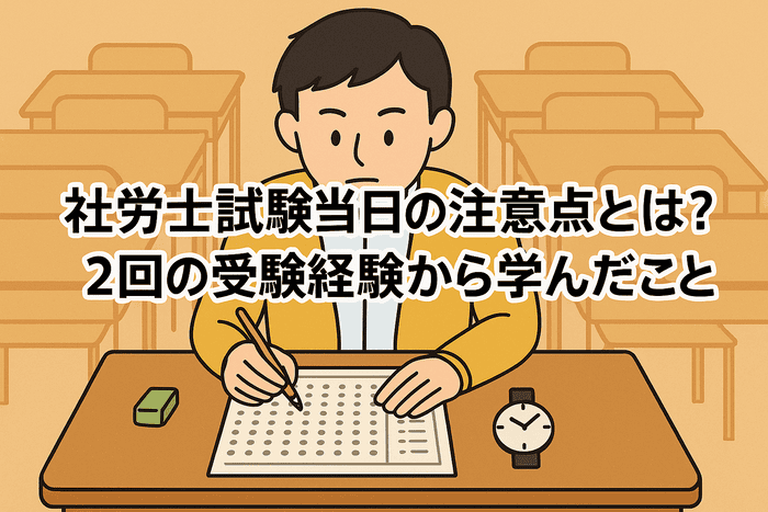 教室の机で試験に集中する男性。黄色いカーディガンを着て鉛筆でマークシートに記入しており、机の上には消しゴムとアナログ時計が置かれている。
