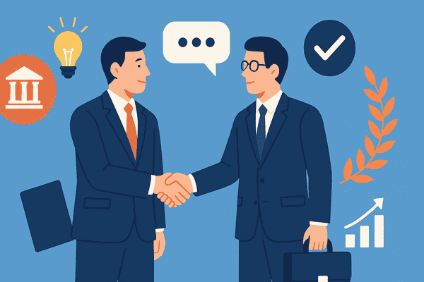 スーツ姿の2人の男性がオフィス内で握手を交わしている。1人は書類を持ち、もう1人は笑顔で応じており、顧問契約が成立したことを示している。