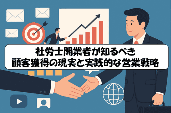 「社労士開業者が知るべき顧客獲得の現実と実践的な営業戦略」というテキストが中央に大きく表示されていて、背景にはスーツ姿の男性がグラフを指しながら成長を示し、ターゲットマークやメールアイコン、握手を交わす手、SNSや地球のアイコンが描かれている。