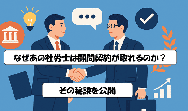スーツ姿の2人の男性がオフィス内で握手を交わしている。1人は書類を持ち、もう1人は笑顔で応じており、顧問契約が成立したことを示している。
