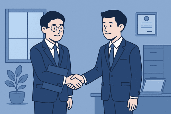 スーツ姿の2人の男性がオフィス内で握手を交わしている。1人は書類を持ち、もう1人は笑顔で応じており、顧問契約が成立したことを示している。