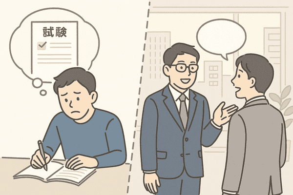 イラストの左半分には、自宅の机で勉強に励む若い男性社労士が描かれ、右半分にはスーツ姿で経営者(社長)に向き合いアドバイスをする同じ男性の姿が描かれている。試験勉強と開業後の実務の対比を表現したイラスト