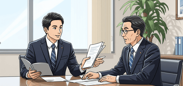 会議室でスーツ姿の2人の男性が書類を見ながら話し合っている様子。
