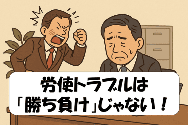 スーツ姿の中年経営者がデスクに座り、書類を見ながら困った表情をしている。 背後では別の男性社員が怒った様子で拳を握り、強く詰め寄っている。 背景には観葉植物と書類棚があるオフィスの一角。労使トラブルは「勝ち負け」じゃない！というタイトルが記載されている。