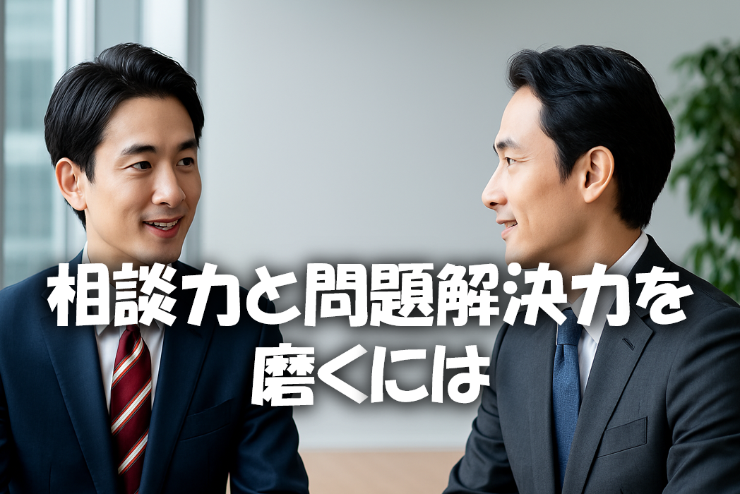 スーツ姿の社労士と社長がオフィスで相談している様子。社労士と社長の信頼関係や相談力をイメージさせるビジネスシーン。中心に「相談力と問題解決力を磨くには」と文字が記載されている。