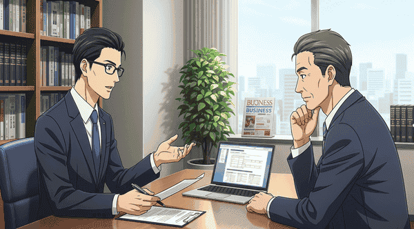 スーツ姿の社労士が、オフィスの会議室で経営者と真剣に打ち合わせをしている様子。社労士は資料を手に説明しており、経営者は顎に手を当てながら真剣な表情で話を聞いている。テーブルの上にはノートパソコンと書類が置かれ、背景には観葉植物やビジネス雑誌、本棚がある。信頼と提案力、経営者目線での対話が感じられるビジネスシーン。