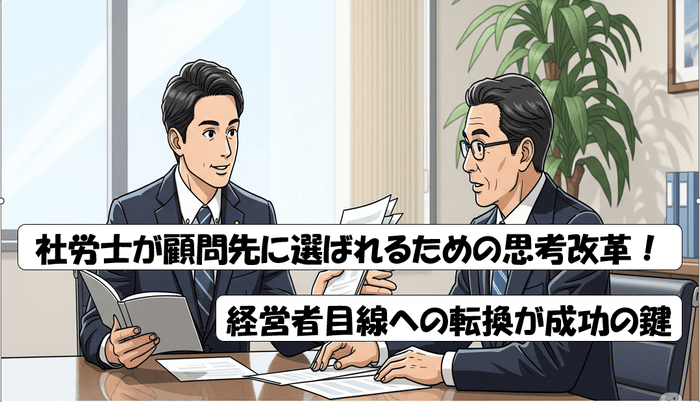 会議室でスーツ姿の2人の男性が書類を見ながら話し合っている様子。画像中央に「社労士が顧問先に選ばれるための思考改革！」、その下に「経営者目線への転換が成功の鍵」と書かれたテキストが重ねられている。