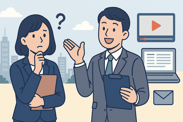 社労士の男性が屋外で中小企業の女性社長に助言している様子。女性は資料を抱えて悩みながら話を聞き、男性は笑顔で提案している。