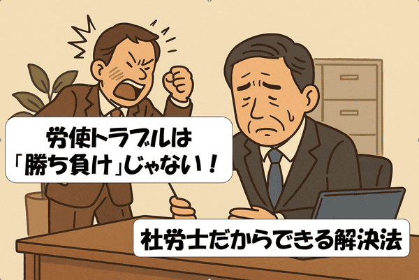 スーツ姿の中年経営者がデスクに座り、書類を見ながら困った表情をしている。 背後では別の男性社員が怒った様子で拳を握り、強く詰め寄っている。 背景には観葉植物と書類棚があるオフィスの一角。労使トラブルは「勝ち負け」じゃない！社労士だからできる解決法というタイトルが記載されている。