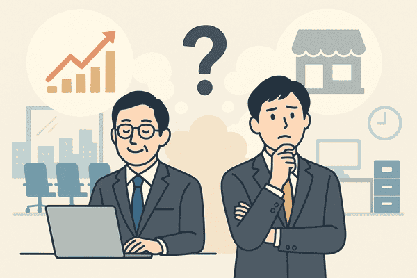 社労士として独立開業するか会社員を続けるかを天秤にかけて考えている人物を描いた、平面イラスト。片方には会社員としての安定した生活、もう片方には独立開業による挑戦が象徴的に描かれている。