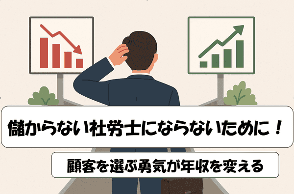 分かれ道に立つスーツ姿のビジネスマンが、赤い下降グラフと緑の上昇グラフの看板を見比べて迷っているイラスト。中央には「儲からない社労士にならないために、顧客を選ぶ勇気が年収を変える」というキャッチコピーが記載されている