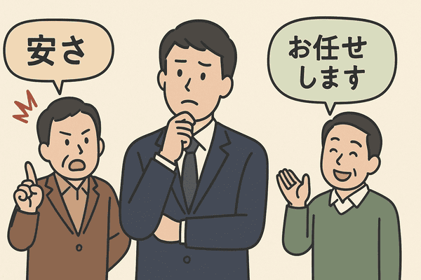 スーツ姿の社労士が中央で悩んでおり、左側には「安さ」を強調して指を立てている不満顔の顧客、右側には「お任せします」と笑顔で信頼を寄せる顧客が描かれているイラスト。