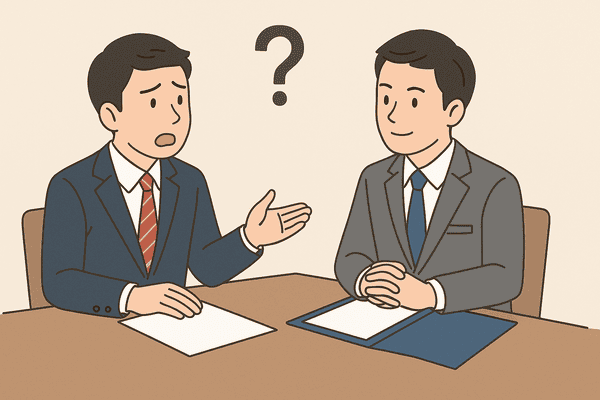 スーツ姿の社労士と社長が机を挟んで相談しているイラスト。社長が悩みを話し、社労士が落ち着いて聞いている場面で、相談力や問題解決力をイメージさせるシーン。