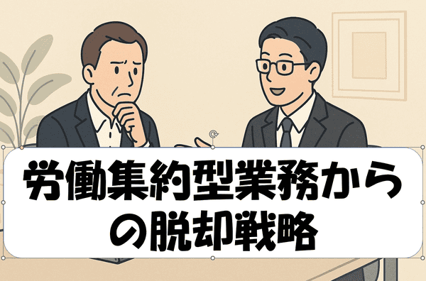 会議室のテーブルを挟んで向かい合う社労士と社長。社長が真剣な表情で相談し、社労士が落ち着いて耳を傾けている場面を描いたイラスト。下部に「労働集約型業務からの脱却戦略」という文字が記載されている。