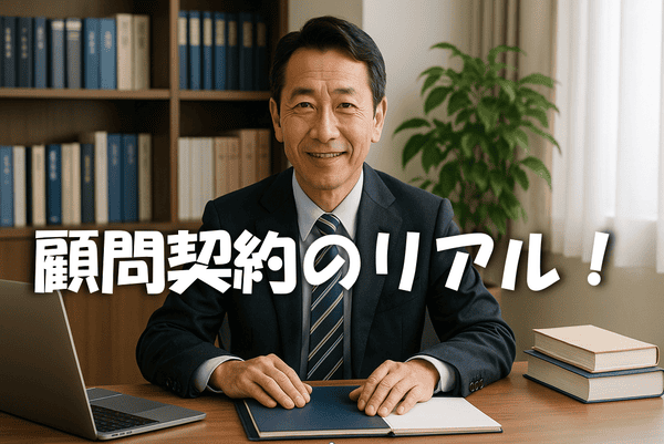 スーツ姿の社労士がオフィスで笑顔で座っている。机にはノートやパソコンが置かれ、中央に『顧問契約のリアル！』という文字が表示されている