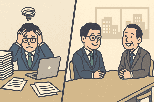 デスクで大量の書類に追われる社労士と、社長と相談しながら落ち着いた表情で対応する社労士を対比的に描いたイラスト。労働集約的業務から脱却し、相談顧問の比率を高めることで余裕が生まれる様子を表現している。