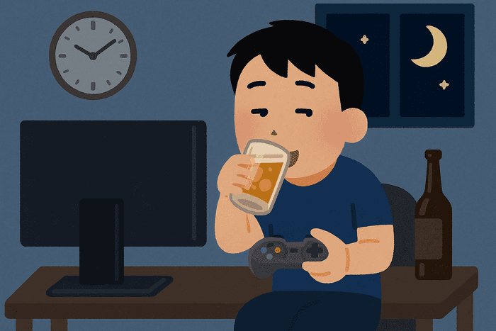 深夜、部屋でお酒を飲みながらゲームをしている男性のイラスト。翌日の勤務に影響する生活習慣の例として描かれている。