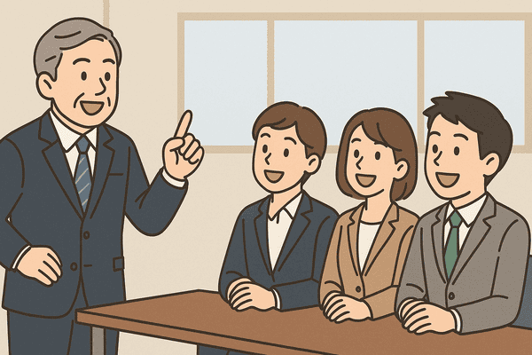 オフィスで上司が自信を持って部下に指示を出し、社員たちが明るい表情で聞き入れている様子を描いたイラスト。