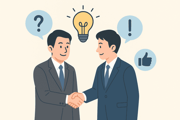 スーツ姿の社労士と経営者が握手を交わしているイラスト。背景には電球や感嘆符など、信頼やひらめきを象徴するアイコンが描かれている。