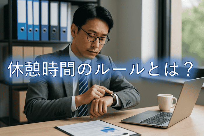 スーツ姿の男性社員がデスクで腕時計を確認している。パソコンと書類が置かれたオフィスで、休憩時間を気にしている様子。背景には「休憩時間のルールとは？」の文字が表示されている。