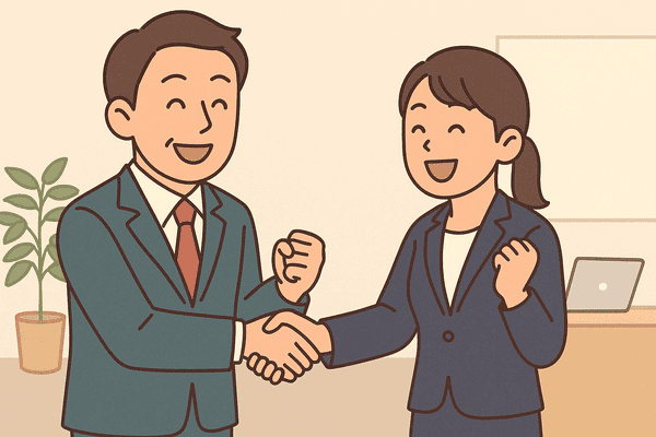 オフィスで笑顔の社長と社員が握手を交わし、新しい仲間を迎え入れる場面を描いたイラスト。採用の前向きな決断を表現。