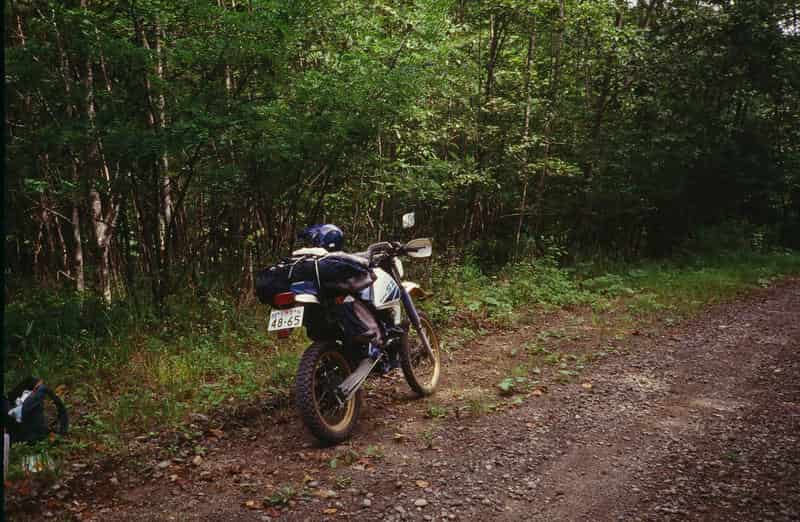森に囲まれた砂利道の脇に停められた、荷物を積んだオフロードバイク