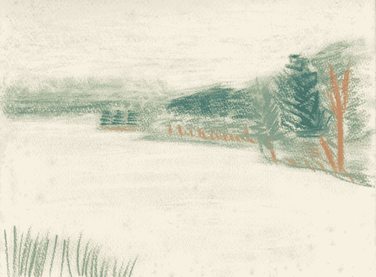 北海道・オンネトー湖の岸辺をパステルで描いた風景画。淡いグリーンの針葉樹と、枯れ色を帯びた木々が静かな水辺に佇む様子が、柔らかなタッチで表現されている。