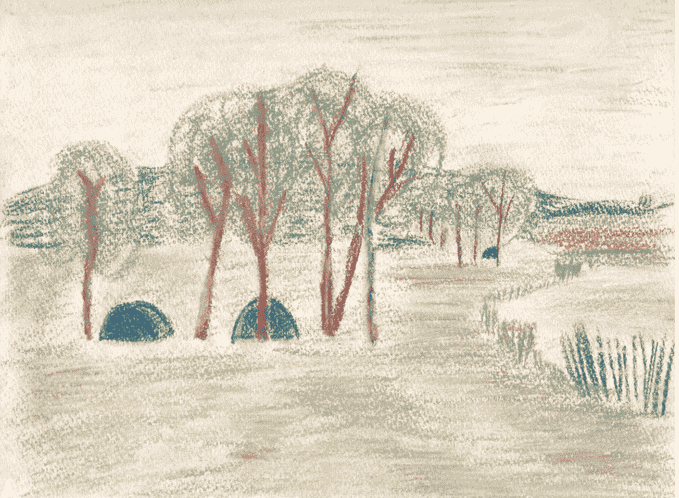 北海道・ミラルトロ湖の風景を描いたパステル画。淡いグリーンの木々と、赤茶色の繊細な枝が水辺に並び、全体に柔らかな光が差し込むような、静かで穏やかな水辺の情景。