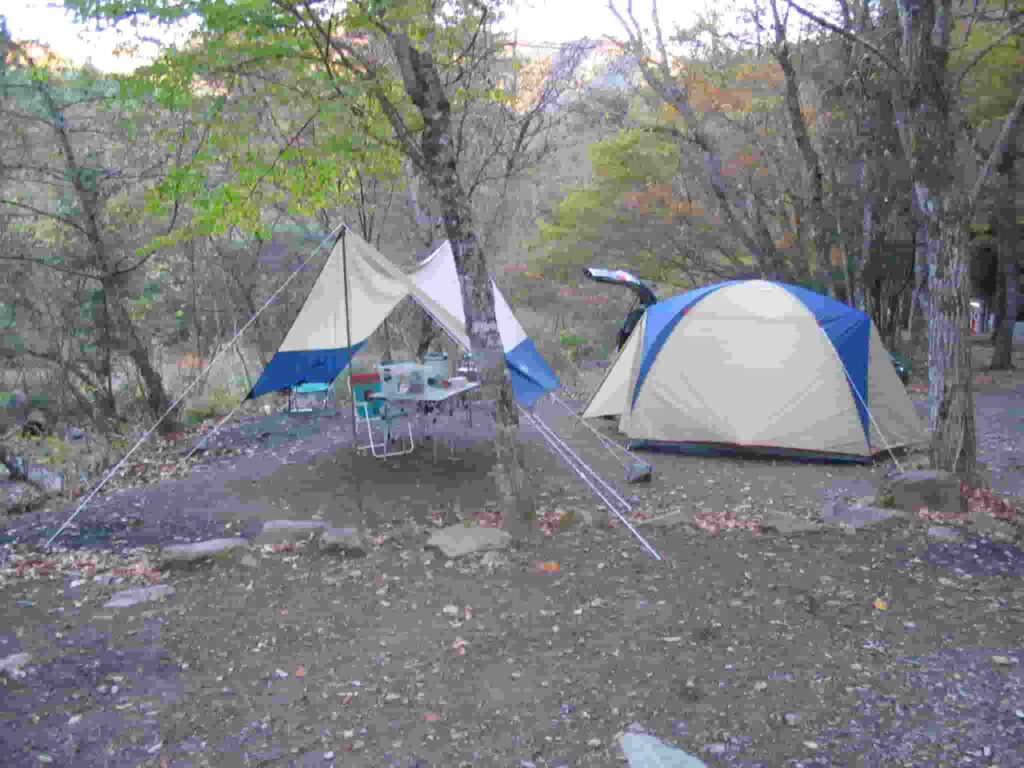 林間のキャンプサイトに設営されたドームテントとタープ、テーブルを囲む静かな秋の風景。