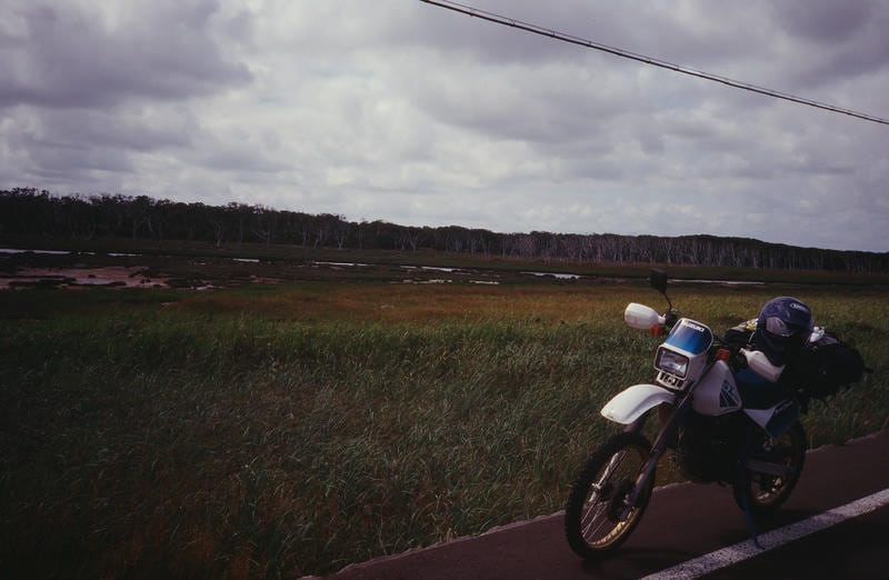北海道・野付半島の最果ての風景。湿地帯と立ち枯れた木々が広がる中、舗装路の脇に停まるスズキSX200。空には厚い雲が垂れ込め、最果ての地特有の静かな熱気を感じさせる1枚。