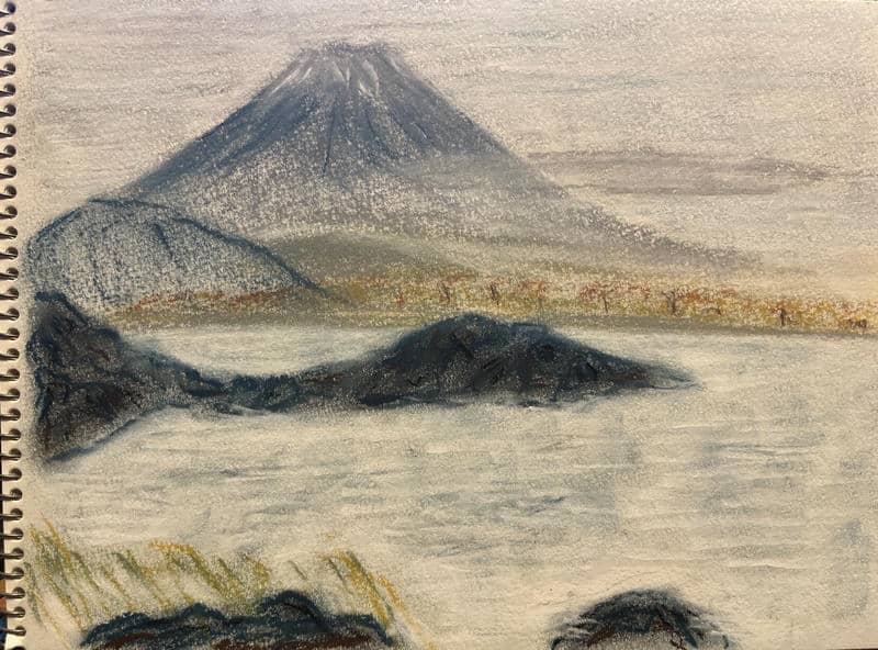 本栖湖のキャンプ場の朝に描いた富士山のパステル画